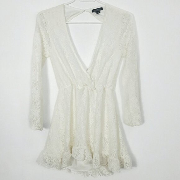 V Neck Lace Long Sleeve Ruffle Dress Open - Picture 2 of 5